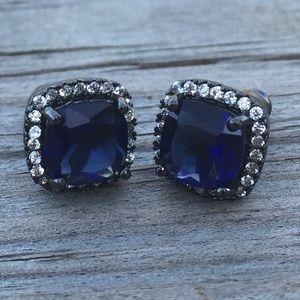 Blue Sapphire princess cut halo stud earrings pave crystals - brand new